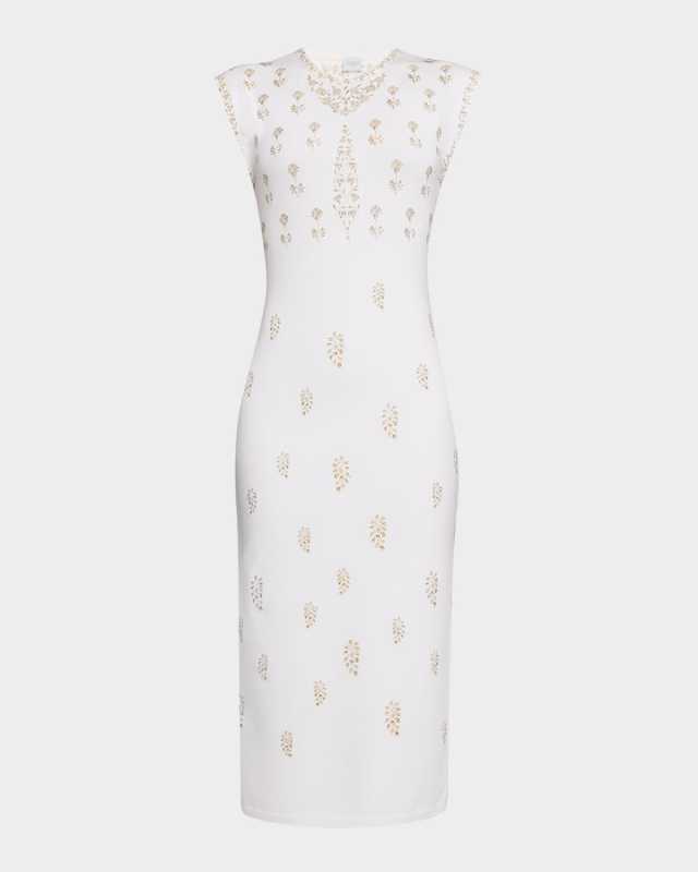 Embroidered Knit Sleeveless Midi Dress